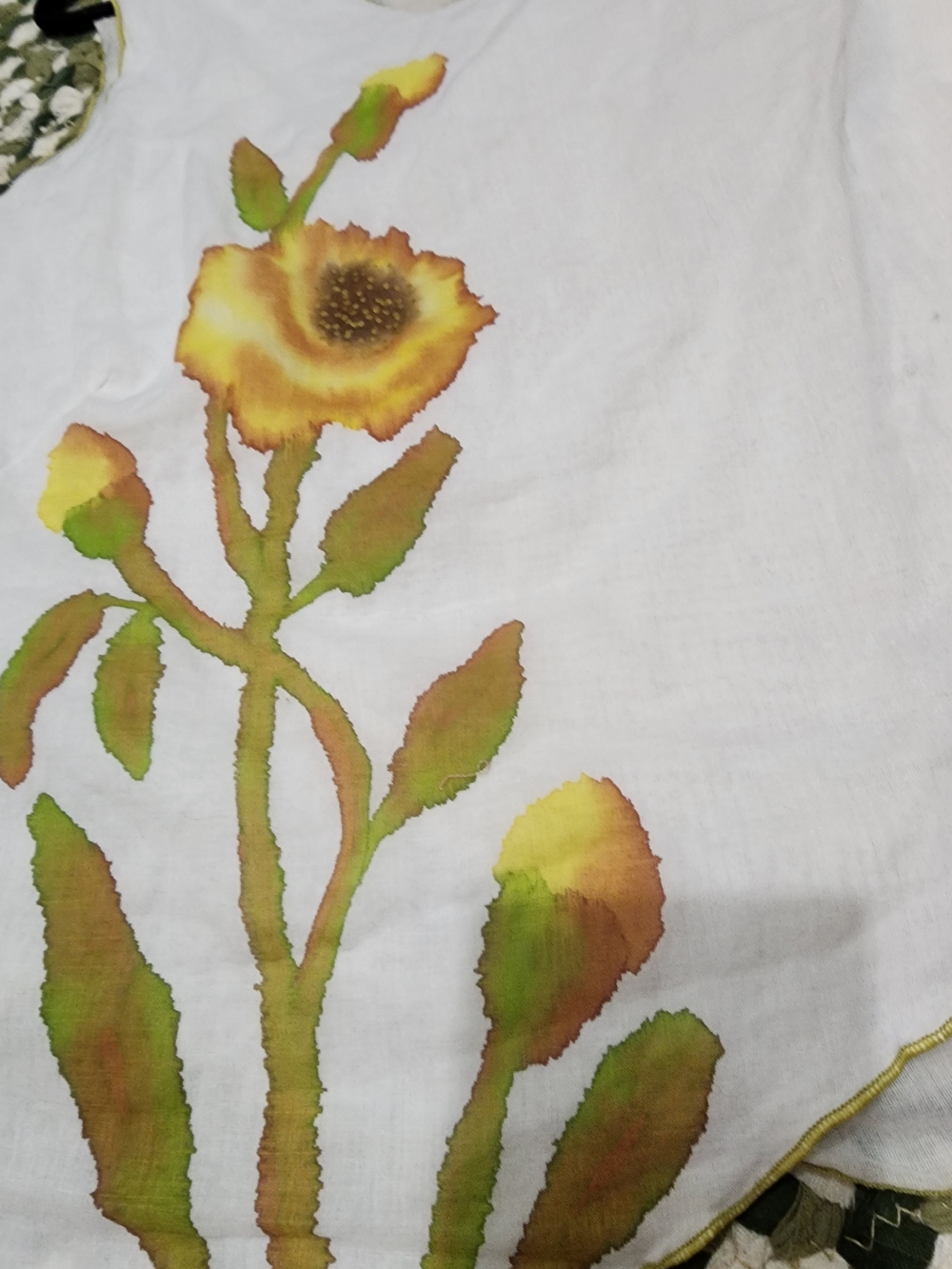 Vintage Charo Ruiz Ibiza White Tank with‎ Green Trim and Yellow Poppy Beaded